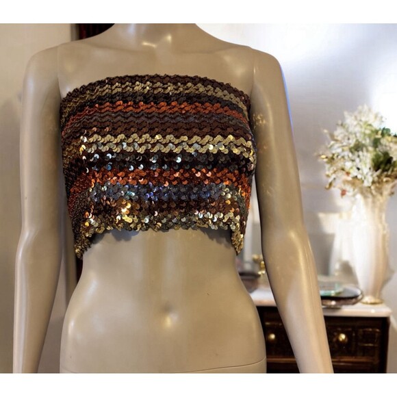 VTG 70s Toppettes By A. Brod Sequins Striped Silver Black Rainbow Disco Tube Top - Picture 1 of 10